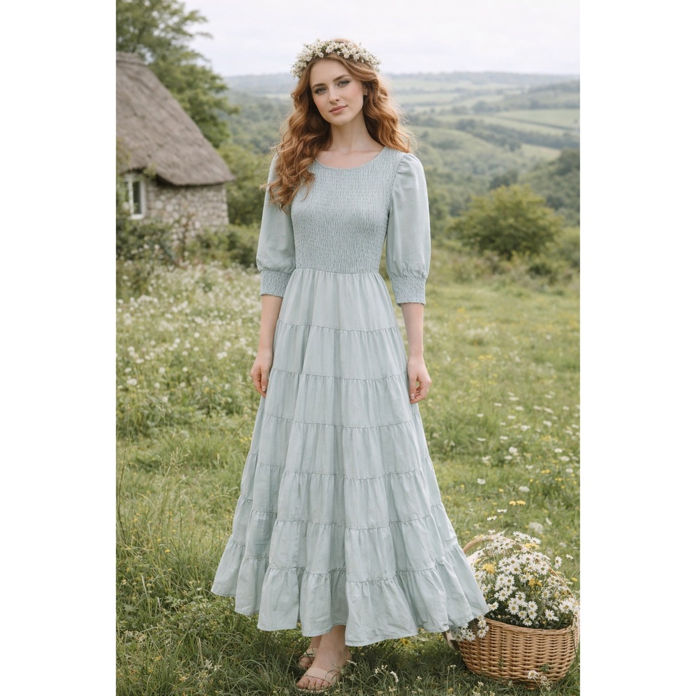 Udel NY Smocked Tiered Ruffle Maxi Dress Small Light Blue Cottage Prairie Modest